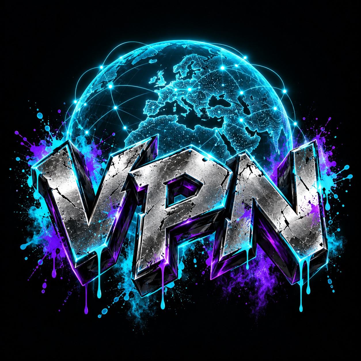 Неоновый земной шар и граффити VPN в бирюзово-фиолетовых цветах
